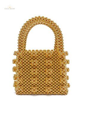 Handmade Beaded Tote Bag Weave Crystal Pearl Faux Pearl Handbag